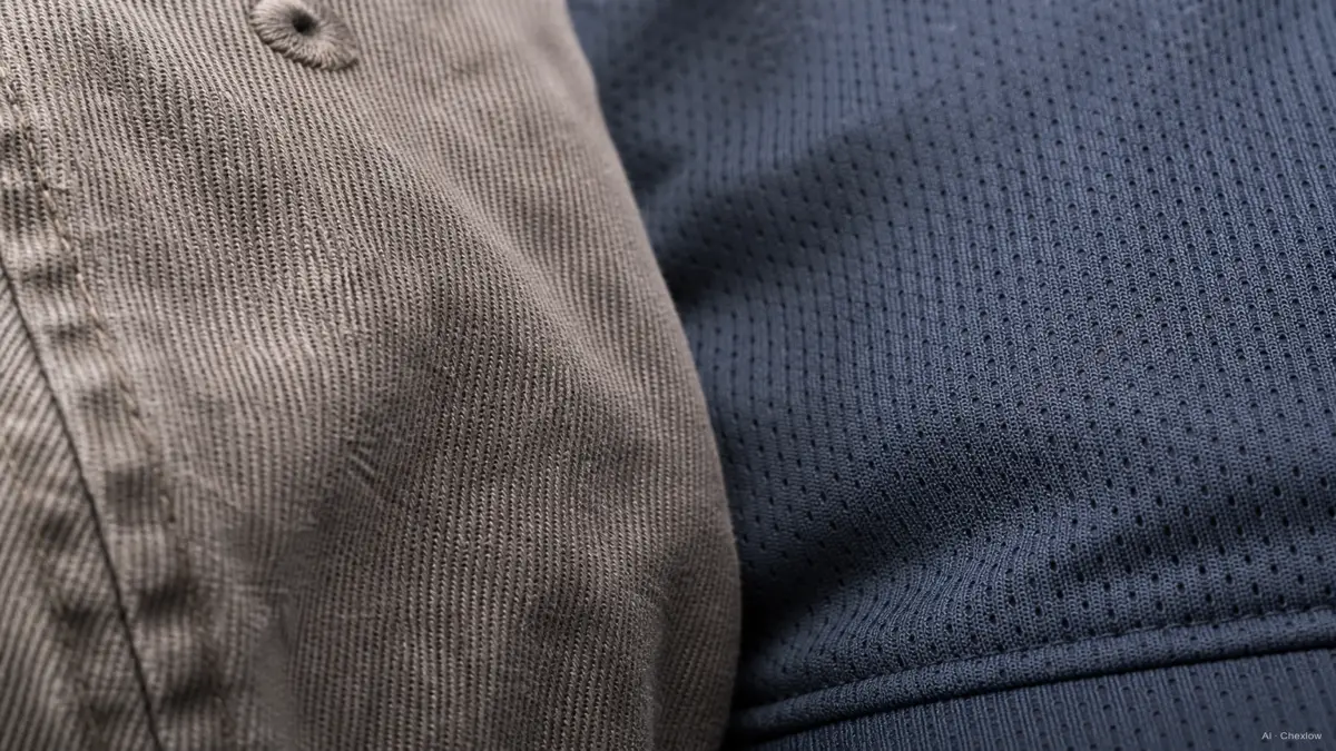 Image: close-up macro shot contrasting a washed, soft cotton twill cap fabric with visible texture against a smooth technical polyester-mesh performance cap fabric, both lit from the side to show weave detail (AI generated illustration)