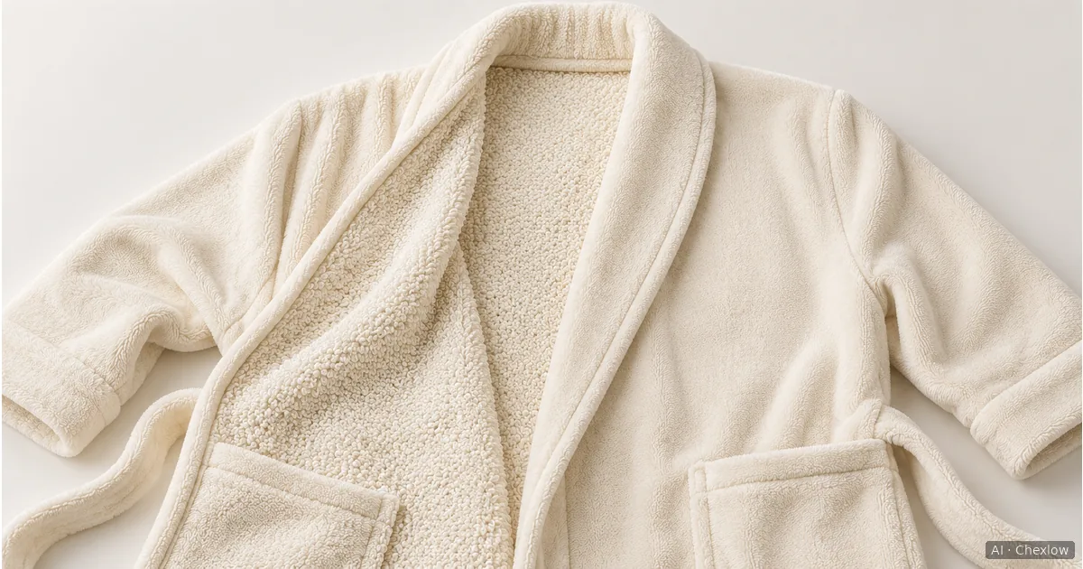 Illustration of a robe front folded back to show its smooth exterior and looped inner surface.
