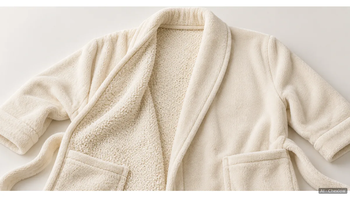 Illustration of a robe front folded back to reveal a looped inner surface beside its smooth outer surface.