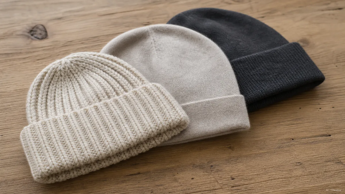 Image: several knit beanies in different materials arranged on a wood surface in soft daylight, one chunky ribbed wool beanie, one fine smooth cashmere beanie, one basic acrylic beanie, the knit density and loft differences visible (AI generated illustration)