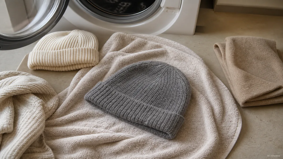 Image: a flat lay of beanie care, a wool beanie drying flat on a towel, an acrylic beanie set near a washing machine door, a folded cashmere beanie to the side, on a warm neutral surface in soft light (AI generated illustration)