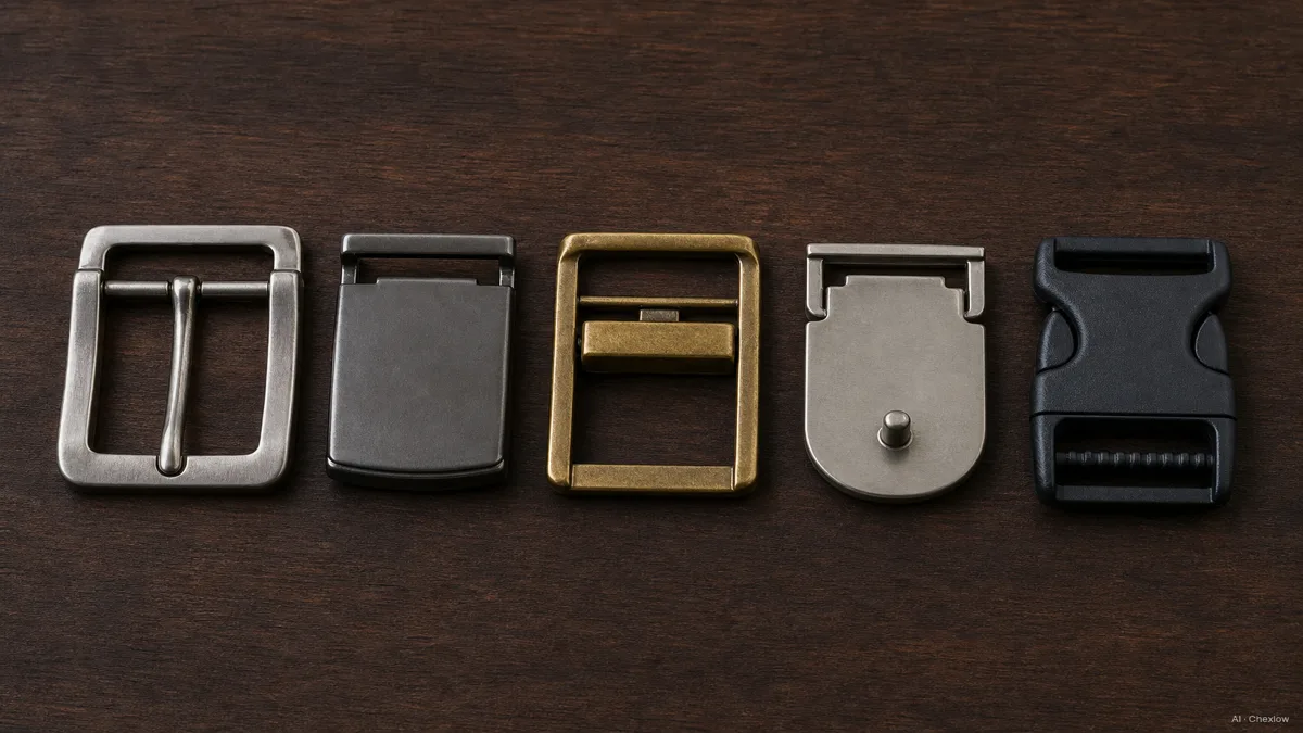 Image: Close-up flat lay of five belt buckle mechanisms side by side on a dark wood surface, frame buckle, plate buckle, box-frame buckle, snap-post buckle, side-release buckle, labeled by shape and finish, soft studio light