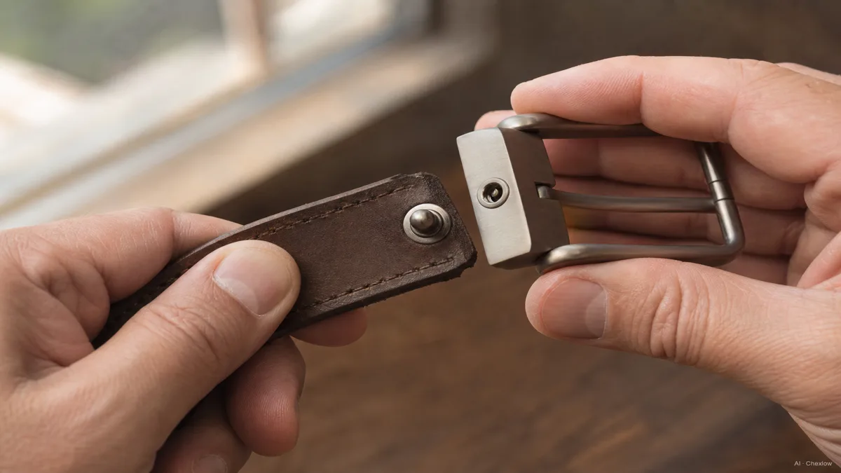 Image: A person's hands swapping an interchangeable buckle head off a leather strap, showing the snap-post mechanism mid-detachment, warm indoor lighting, close crop on the hardware