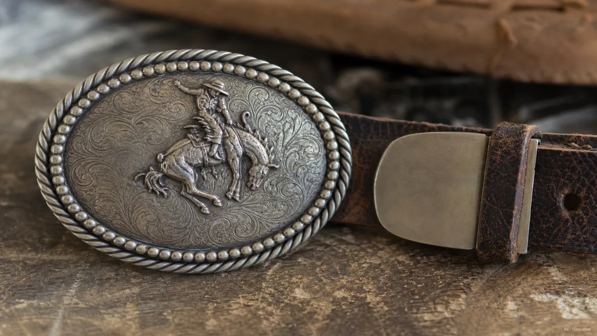 Image: A large western-style trophy buckle with rope border and figural center displayed next to a plain interchangeable buckle head on a rustic leather strap, natural daylight, rodeo-adjacent styling without event text visible