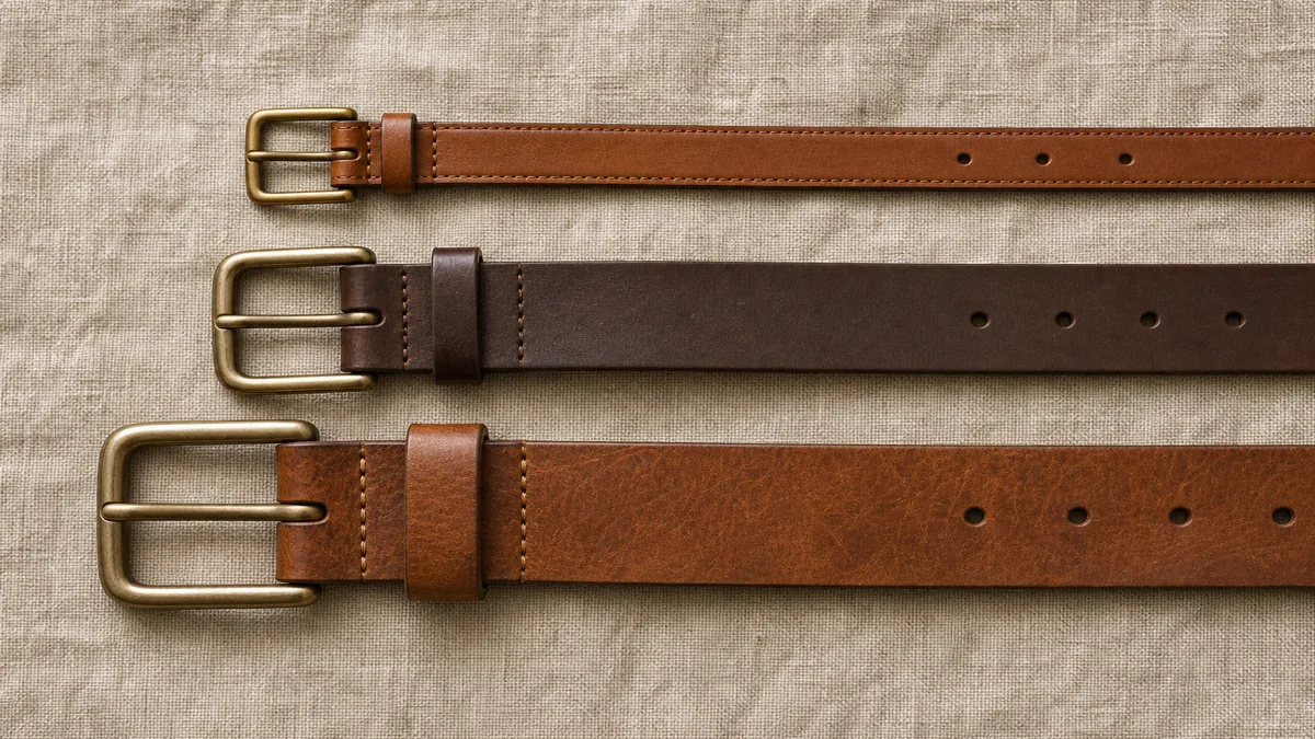 Image: Three leather belts of different widths laid out vertically on a neutral linen surface, a slim dress belt at top, a versatile mid-width in the middle, a wide casual belt below, even daylight