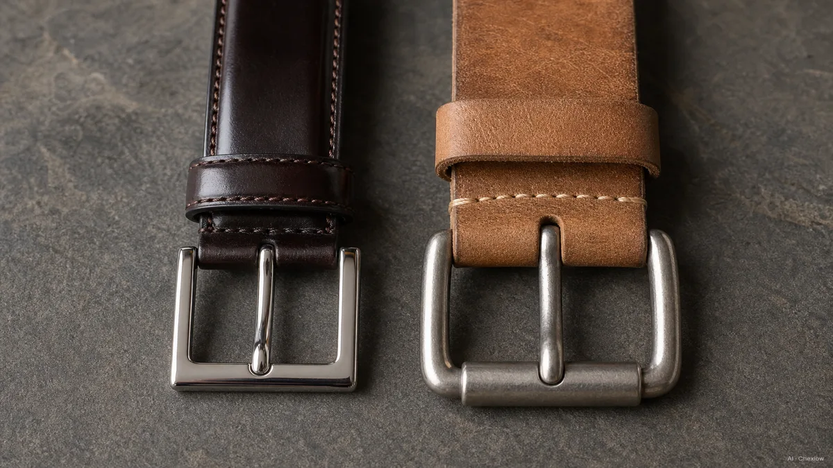 Image: Close-up of two belt details side by side, a slim glossy dress belt with a small polished silver buckle on the left, a wider matte tan casual belt with a chunky roller buckle on the right, soft directional light