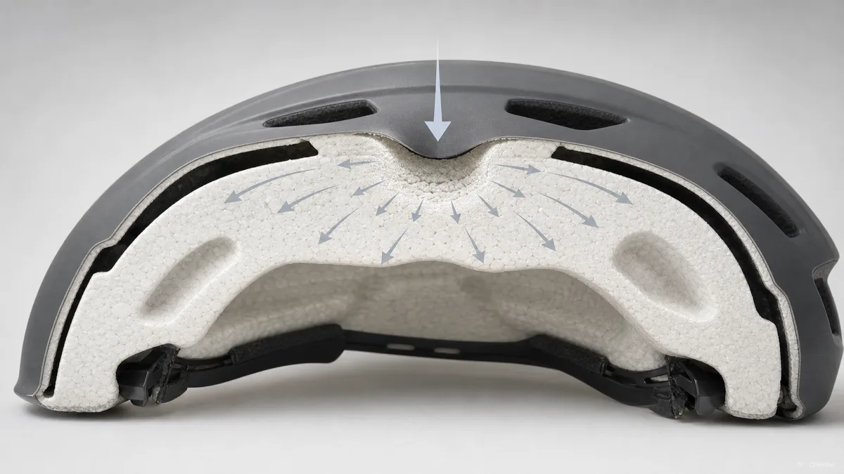 Image: a clean cross-section illustration of a bike helmet showing the outer shell and the crushable foam liner absorbing an impact, energy arrows fanning out, neutral background, no visible brand marks