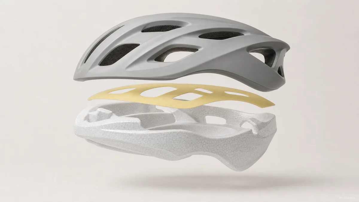 Image: an exploded view of a helmet interior with the foam liner and a thin yellow low-friction slip layer separated to show how the liner rotates on an angled impact, labelled simply, neutral background, no brand logos