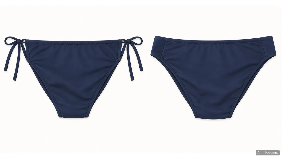 Two unbranded bikini bottoms viewed from the back, one with side bows and one with broad continuous side panels — AI illustration