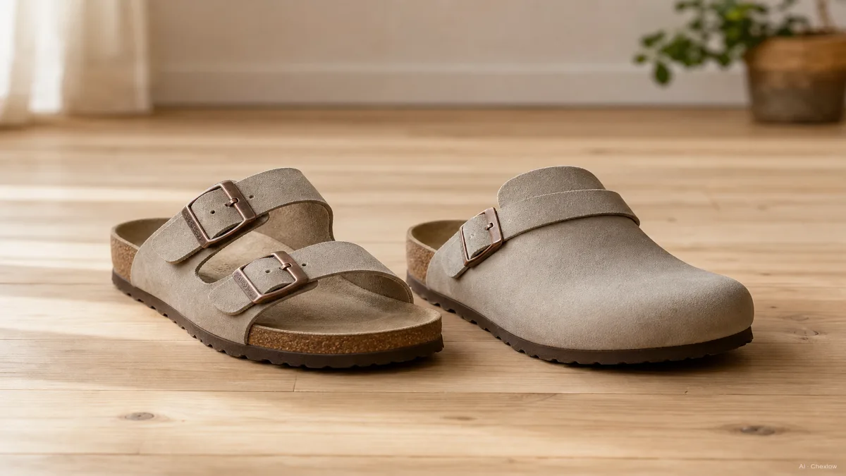 Image: a Birkenstock Arizona and a Birkenstock Boston standing side by side on a light wood floor, one showing its two buckled straps over an open toe, the other showing its single strap over a fully closed toe box, soft natural light, no visible logos