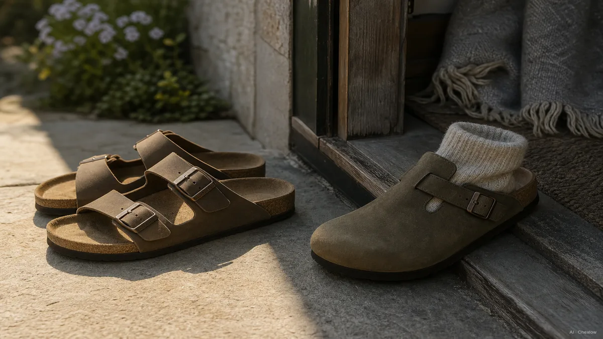 Image: a Birkenstock Arizona sandal on a sunlit patio next to a pair of Birkenstock Boston clogs worn with socks by a cool-weather doorway, contrasting the two seasonal uses