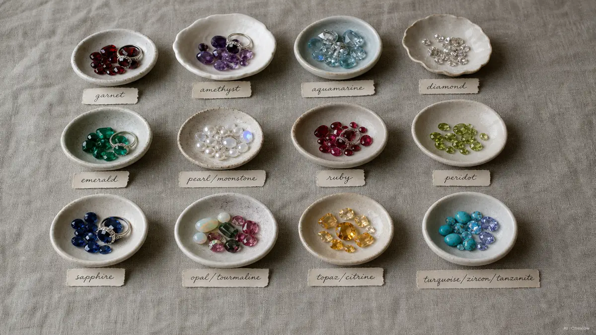 Image: twelve small dishes holding each month's birthstones sorted by color, arranged as a flat lay in soft daylight, a tiny handwritten label beside each dish