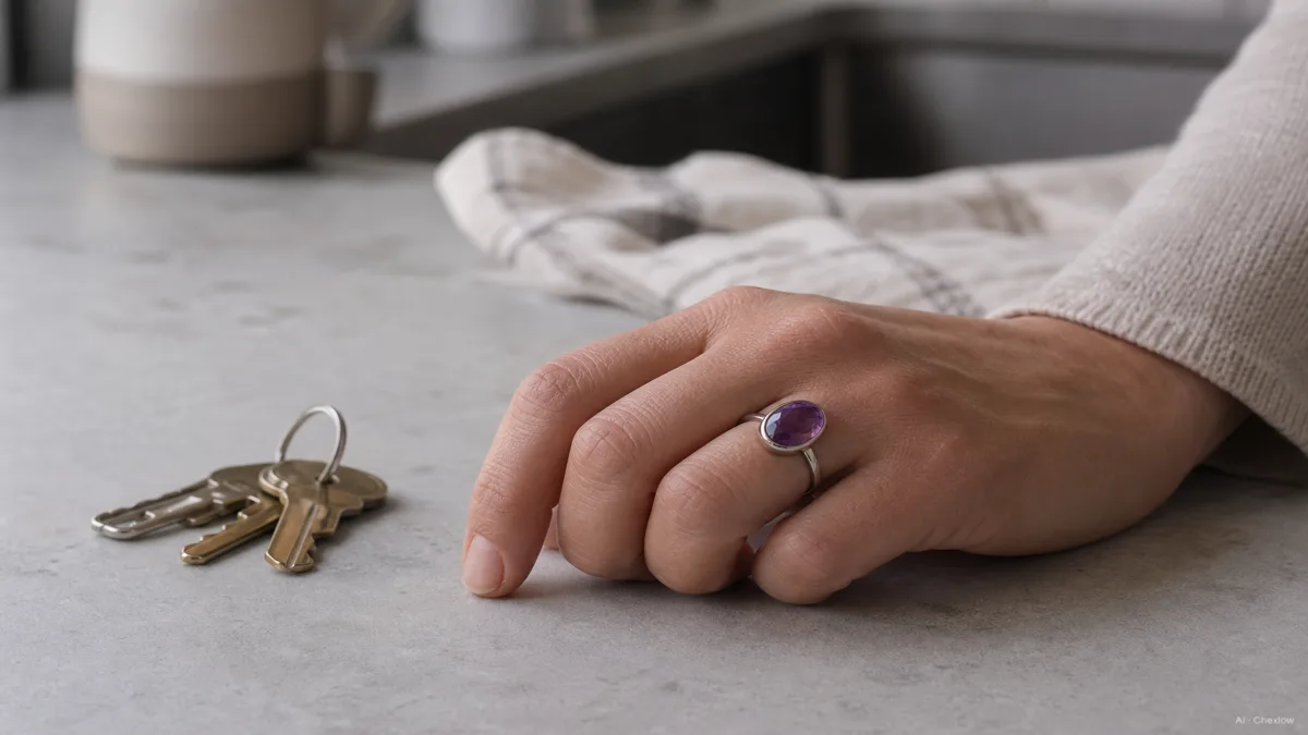 Image: a close-up of a hand wearing an amethyst ring resting near a kitchen counter and a set of keys, natural daylight, the stone clean with no visible scratches or damage