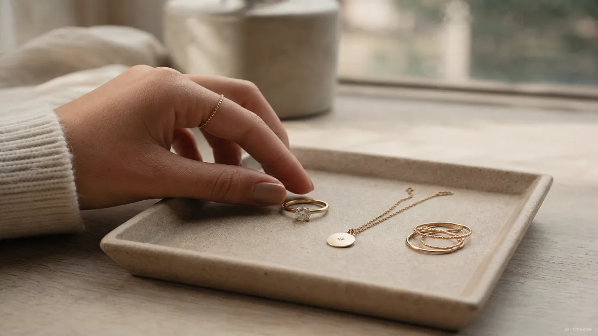 Image: a ring, a pendant, and a set of thin stacking rings laid side by side on a tray, one hand reaching toward one of them, warm natural light, a quiet decision moment