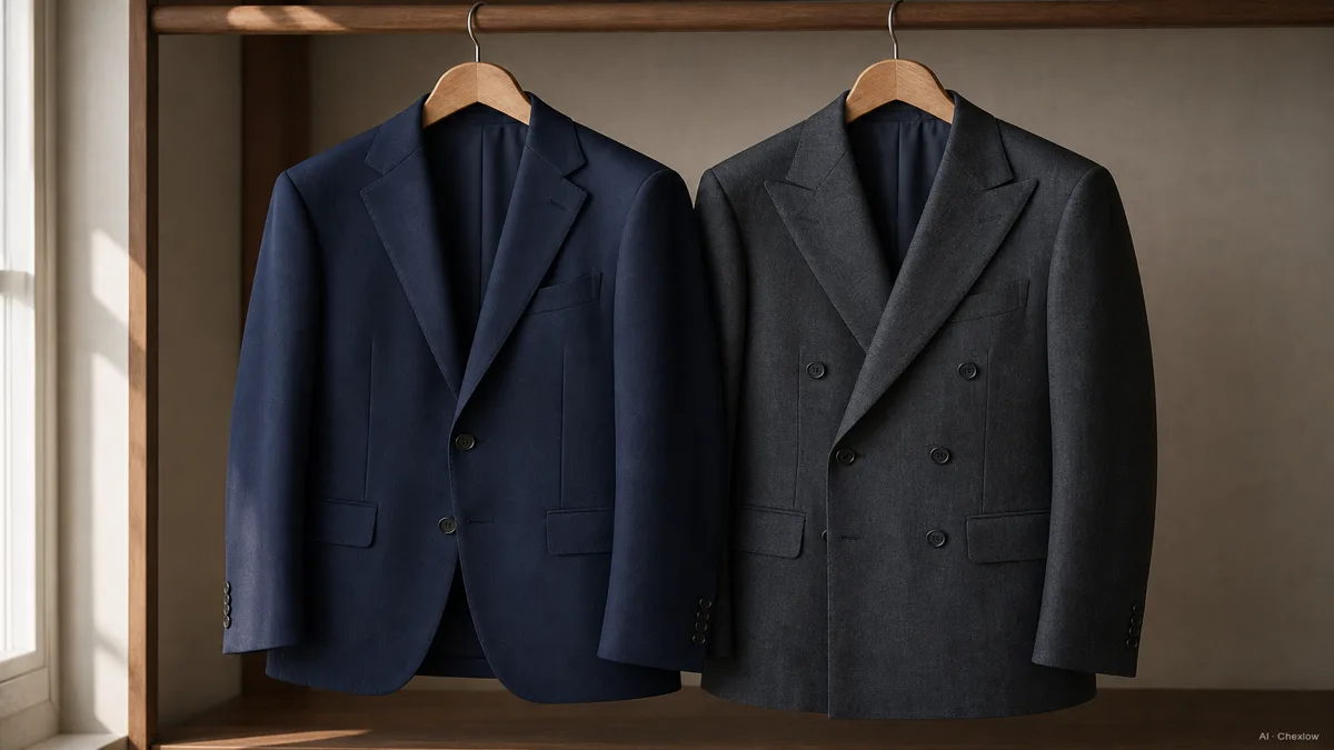 Image: two blazers on wooden hangers side by side, left a navy single-breasted two-button jacket with a notch lapel and flat closed front, right a charcoal double-breasted 6x2 jacket with peak lapels and visibly overlapping front panels