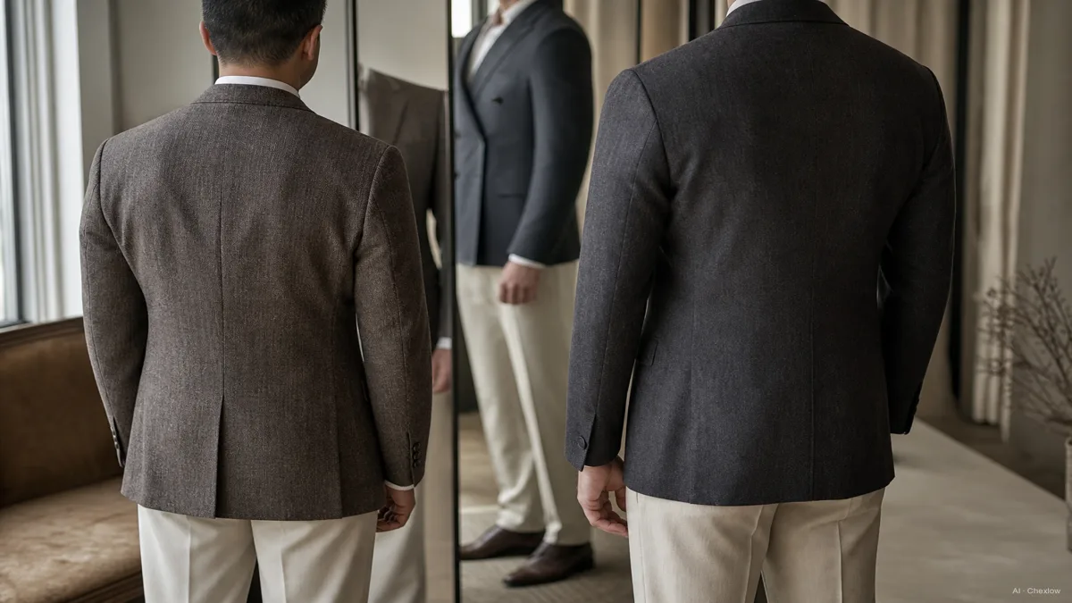 Image: two men of different builds trying on jackets in a fitting room mirror, one tall and lean wearing a double-breasted jacket that sits well, one average build wearing a single-breasted jacket that also sits well, illustrating fit range