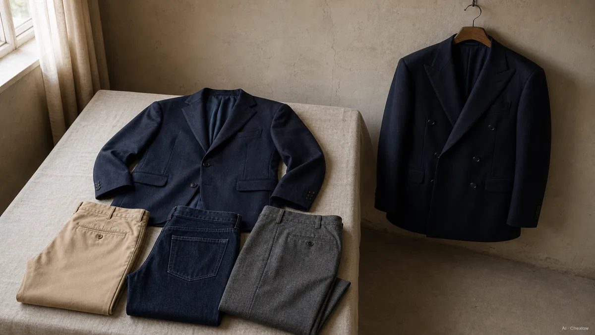 Image: a single navy single-breasted blazer paired with three different trousers laid out, chinos, dark jeans, grey wool trousers, next to a single tall double-breasted jacket shown as a standalone statement piece for a formal event