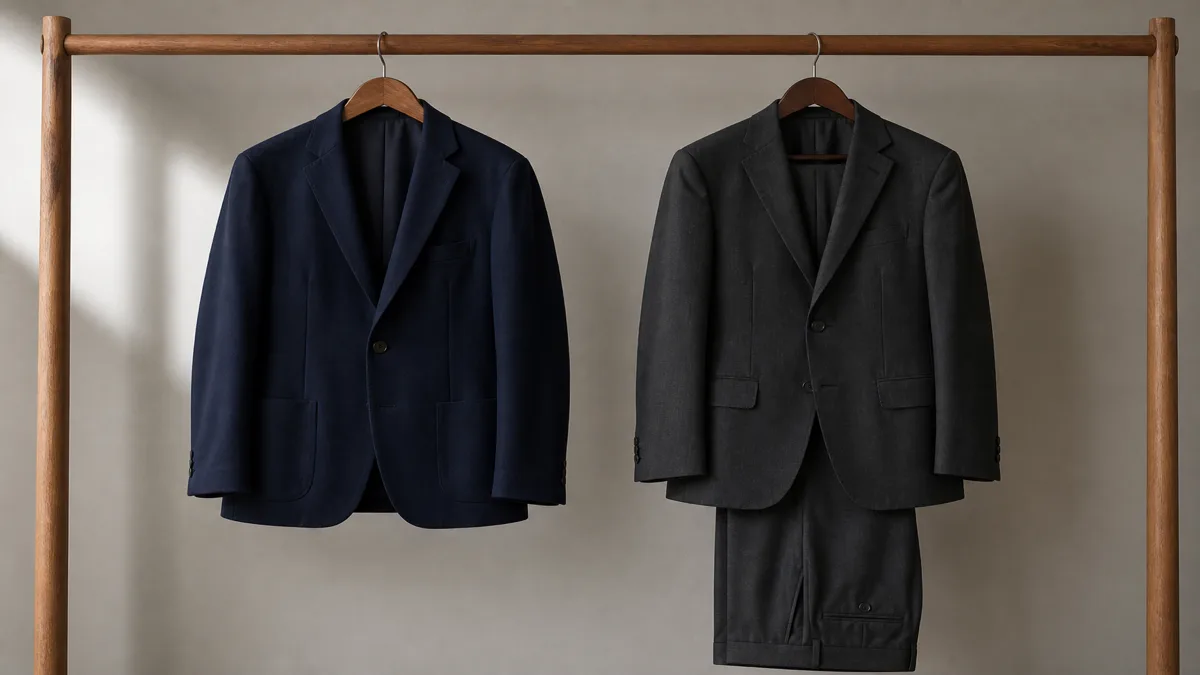 Image: a navy blazer and a charcoal suit jacket hung side by side on a wooden rail, soft daylight showing the matched trousers paired only with the suit jacket