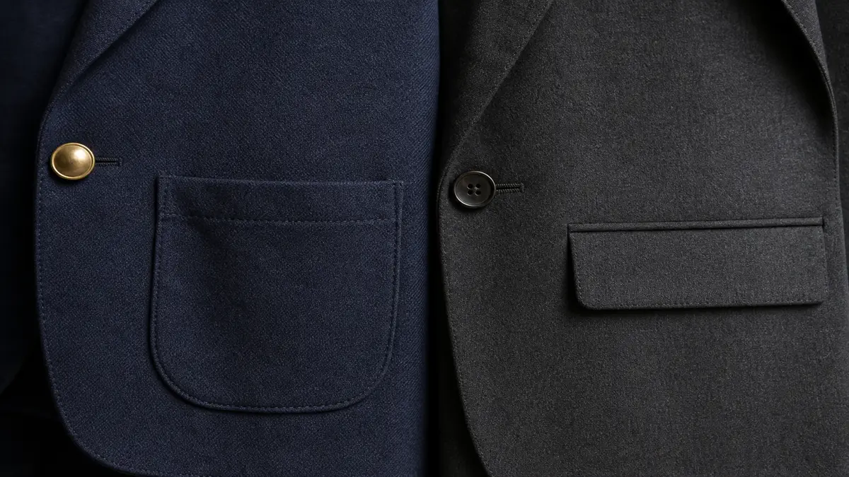 Image: close detail comparing two jacket fronts, left with a shiny brass button and an outside patch pocket, right with a horn button and a clean flap pocket