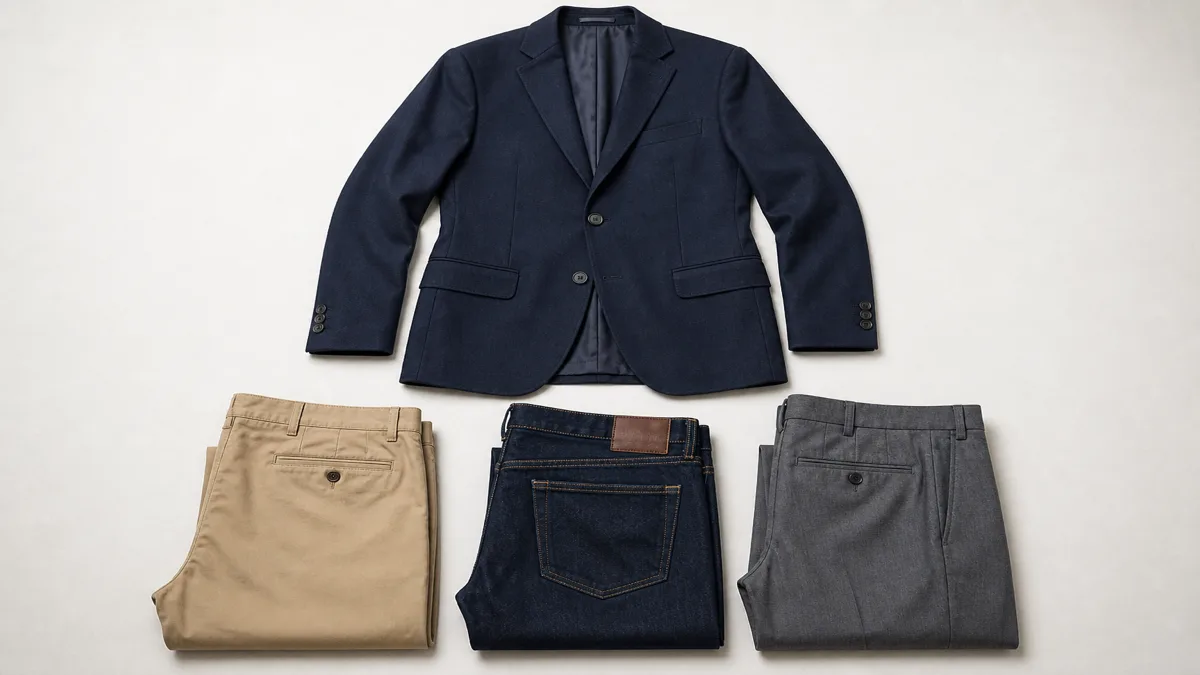 Image: a navy two-button notch-lapel blazer laid flat beside folded chinos, dark jeans, and grey tailored trousers, showing one jacket pairing with three different trousers