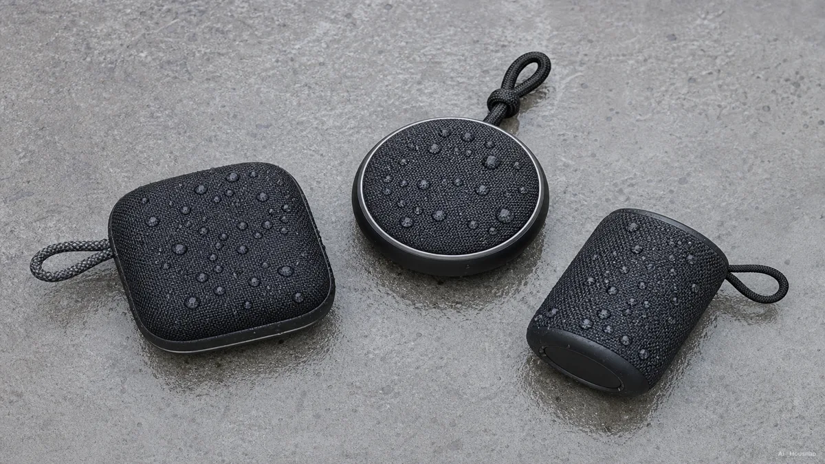 Image: a flat-lay of three small waterproof speakers labeled with their IP codes, water droplets beading on the fabric grilles — AI illustration