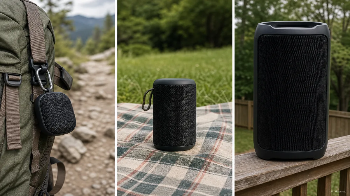 Image: three Bluetooth speakers side by side from pocket-size to large, each placed in its matching setting, a trail, a picnic, a backyard — AI illustration