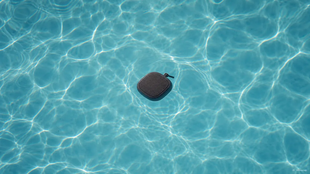 Image: an overhead view of a speaker floating face-up in a pool, sunlight on the water surface — AI illustration