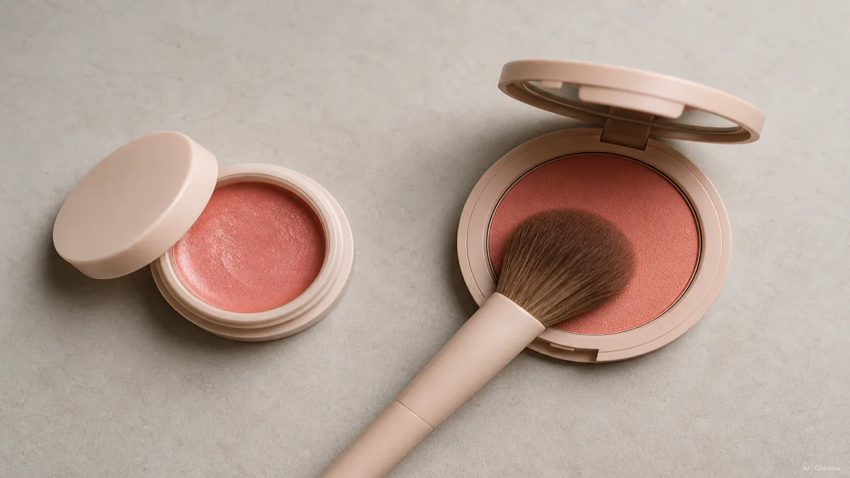 Image: A creamy blush in an open pot with a small sheen on the left and a pressed powder blush compact with a fluffy brush resting beside it on the right, set on a soft neutral surface, natural diffused light, no labels or logos