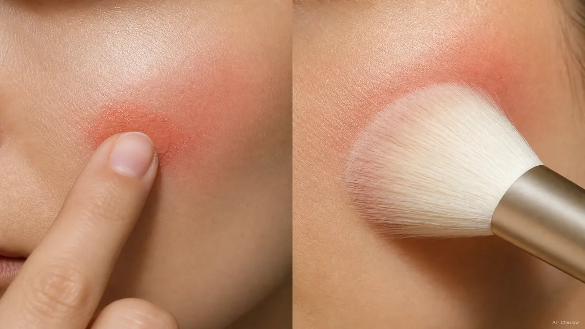 Image: A fingertip pressing a small amount of cream blush onto the apple of a cheek on the left half, and a large fluffy brush sweeping powder blush upward along a cheekbone on the right half, warm soft light, no visible brand marks
