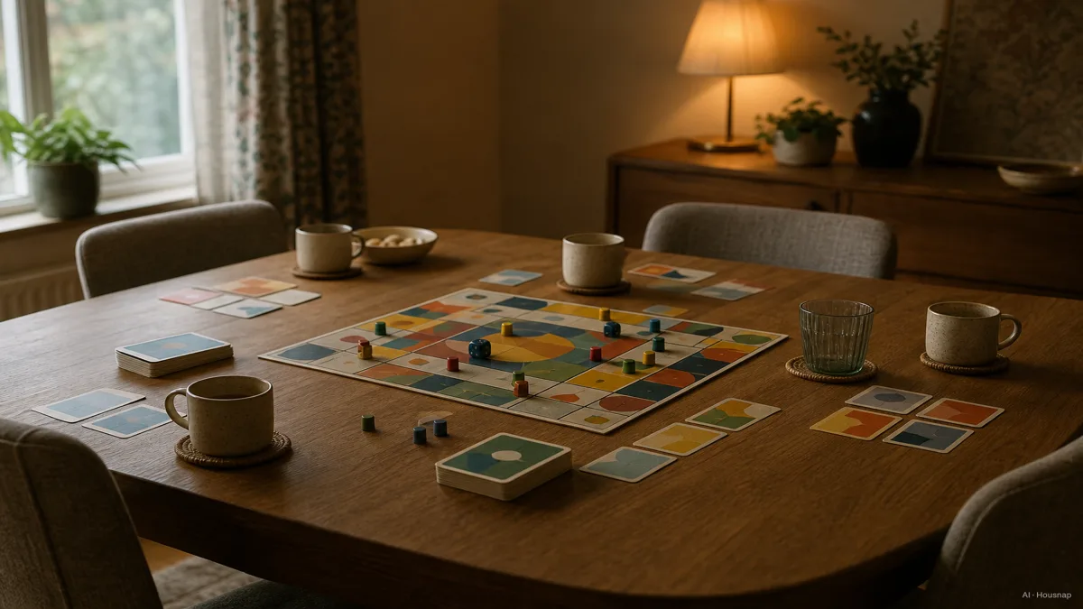 Image: A family of four gathered around a wooden dining table with a colorful board game mid-play, cards and pieces visible, warm evening lamp light, no visible brand logos — AI-illustratie