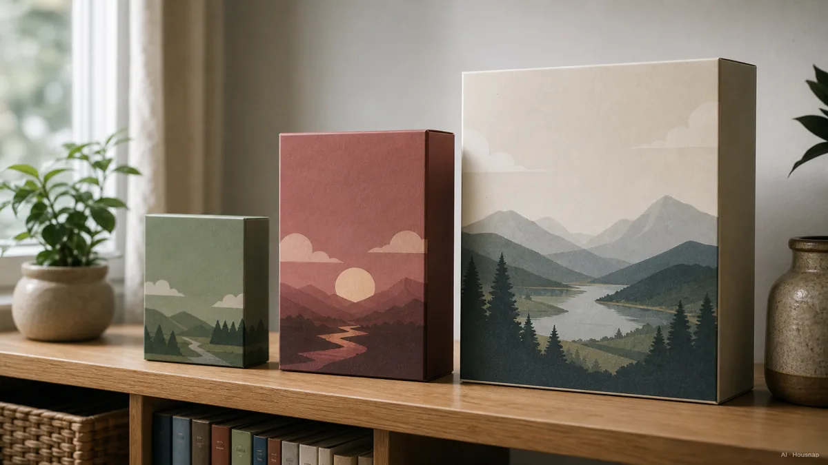 Image: Three neatly arranged board game boxes on a shelf sorted loosely by size, small to large, suggesting an age progression, soft daylight, no visible brand logos — AI-illustratie