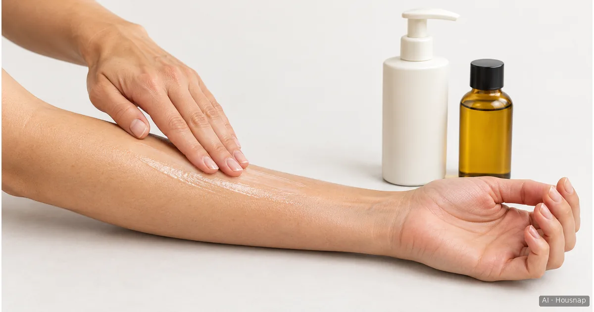 Fingertips spreading product on a bare forearm beside an unbranded pump bottle and a capped oil bottle. — AI illustration