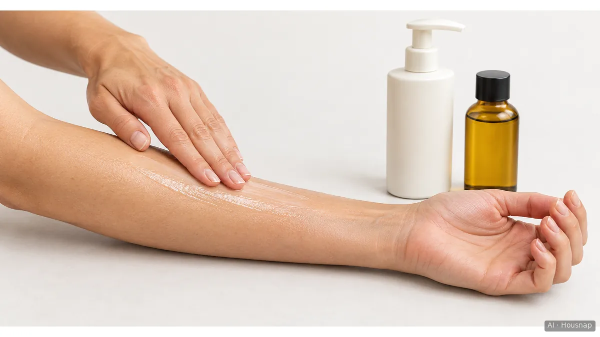 Fingertips spreading product on a bare forearm beside an unbranded pump bottle and a capped oil bottle. — AI illustration