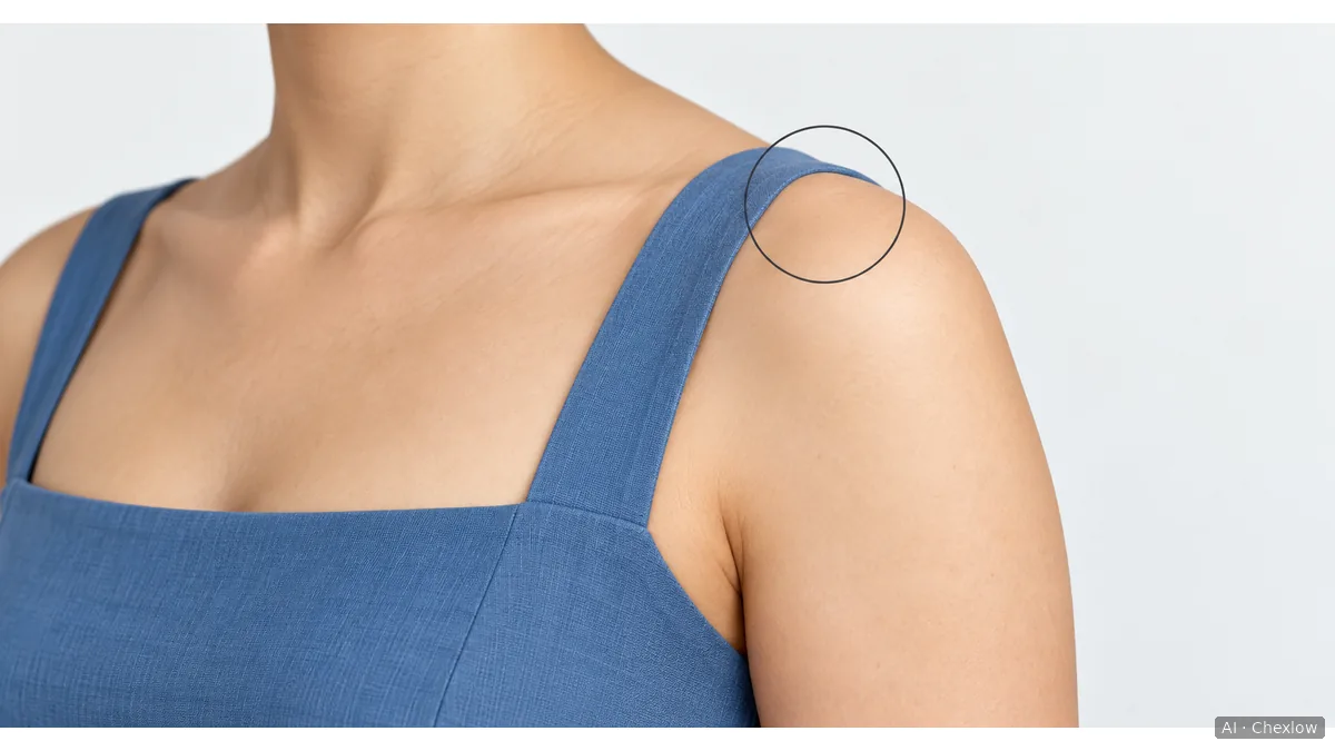 Close-up illustration of a dress strap resting on a shoulder, with the skin–fabric contact area circled.
