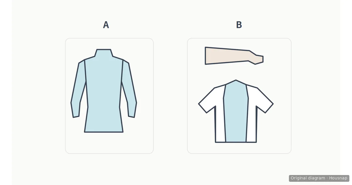 A two-panel illustration contrasts a blue-shaded torso and arms marked A with a forearm and an open shirt marked B.