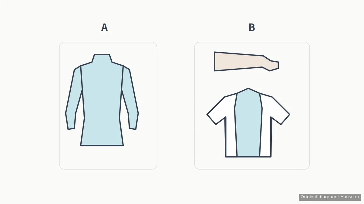 Two application examples: A shows a torso and arms shaded blue; B shows a forearm beside an open shirt with its inner surface visible.