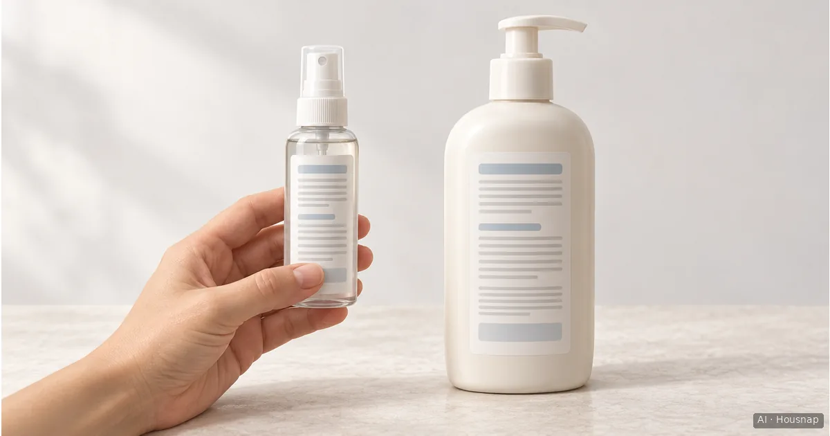A hand holds a mist bottle with its back label facing forward beside a lotion pump bottle, with no readable brand names. — AI illustration