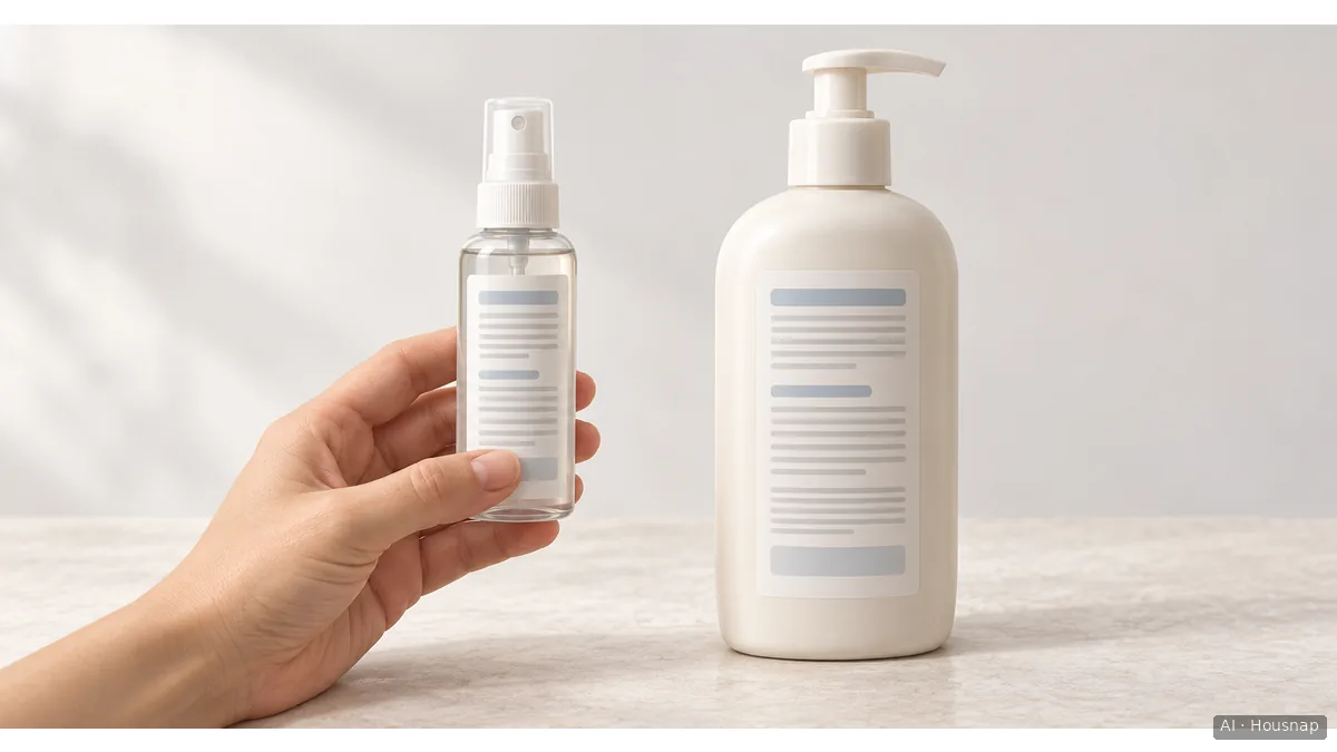 A hand holds a mist bottle with its back label facing forward beside a lotion pump bottle, with no readable brand names. — AI illustration