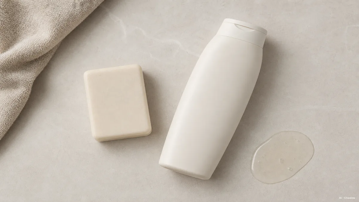 Image: A clean flat-lay of a simple unlabeled soap bar next to an unlabeled plastic body wash bottle with a small pool of gel beside it, soft neutral bathroom surface, calm editorial lighting, no brand marks