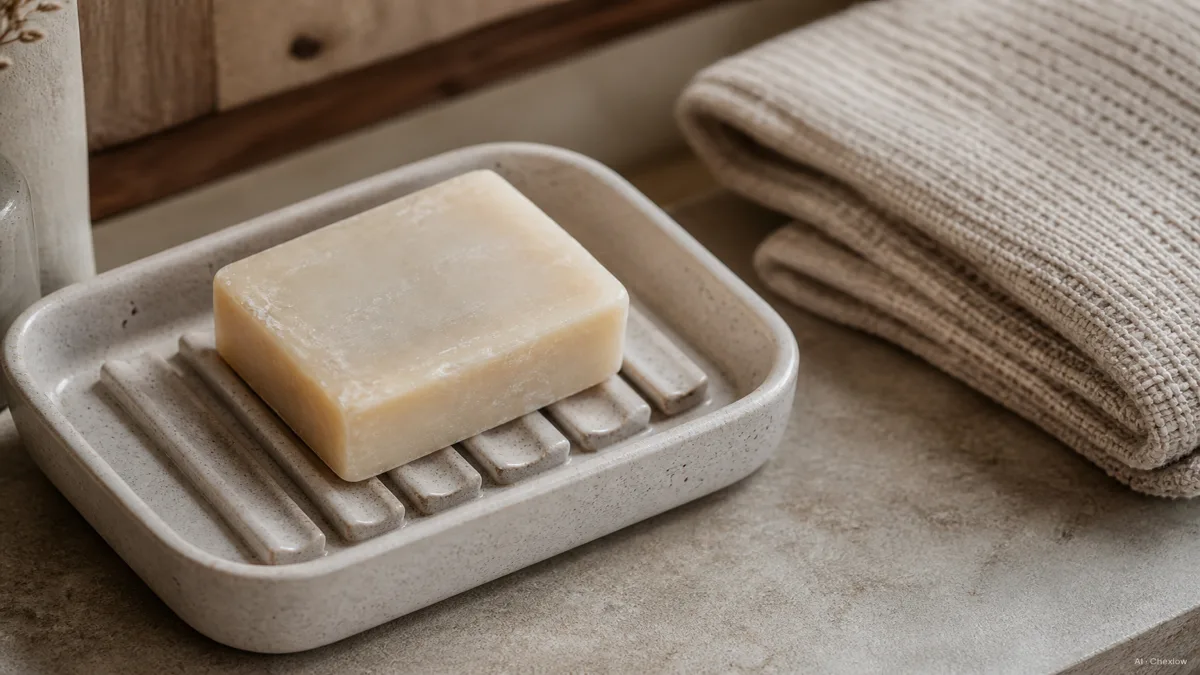Image: A close editorial shot of a well-drained soap dish holding a slightly worn bar next to a folded towel, warm bathroom light, no people, no text, no logos