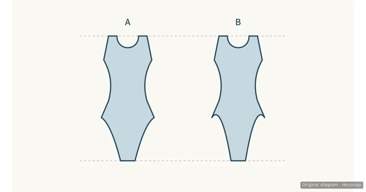 Two front-view bodysuit outlines with equal shoulder-to-crotch length, A with lower leg openings and B with higher leg openings