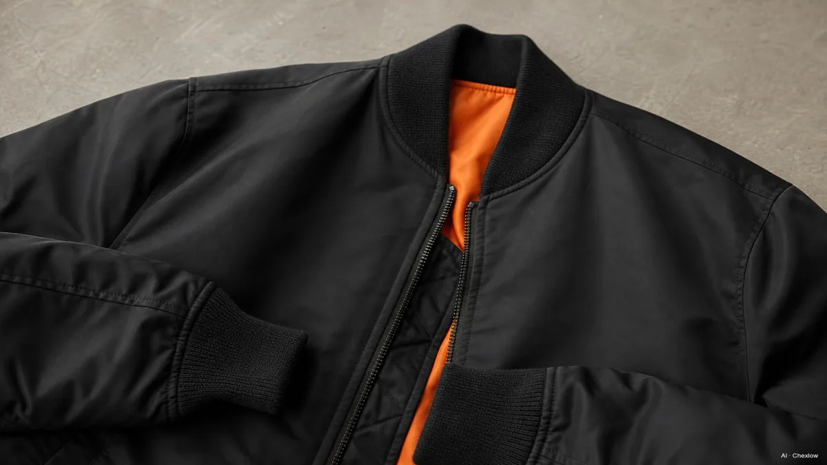 Image: A classic MA-1 bomber jacket laid flat, showing the ribbed knit collar and cuffs and the bright orange interior lining peeking out at the zipper