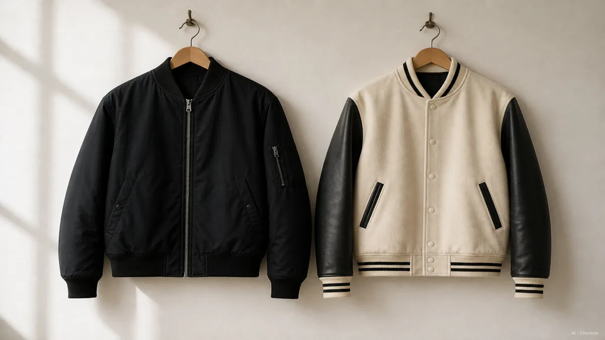 Image: A zip-front bomber jacket and a button-front varsity jacket with contrast leather sleeves hung side by side, showing the closure and silhouette difference