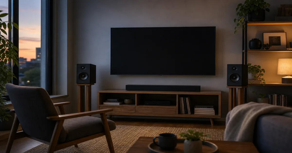 Bookshelf Speakers vs Soundbar, Your First Real Home Audio Upgrade — AI illustration