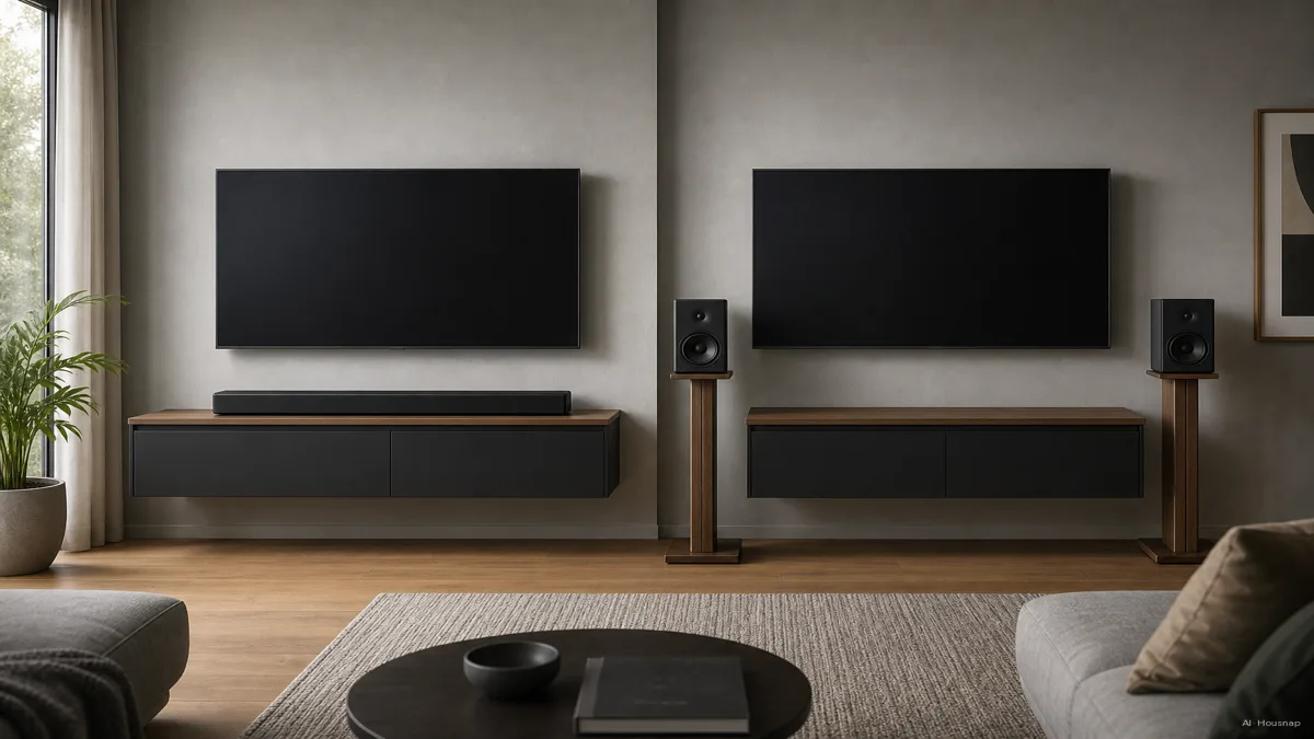 Image: a soundbar resting beneath a wall-mounted TV on the left, a pair of bookshelf speakers on stands flanking the same TV on the right, shown as a side-by-side comparison — AI illustration