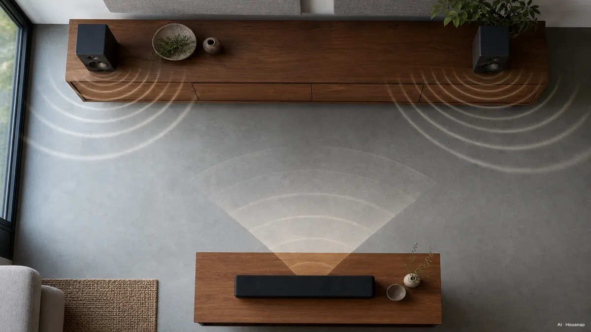 Image: a top-down diagram of a listening room showing a wide stereo soundstage spreading between two bookshelf speakers, contrasted with a narrower simulated field from a single soundbar — AI illustration