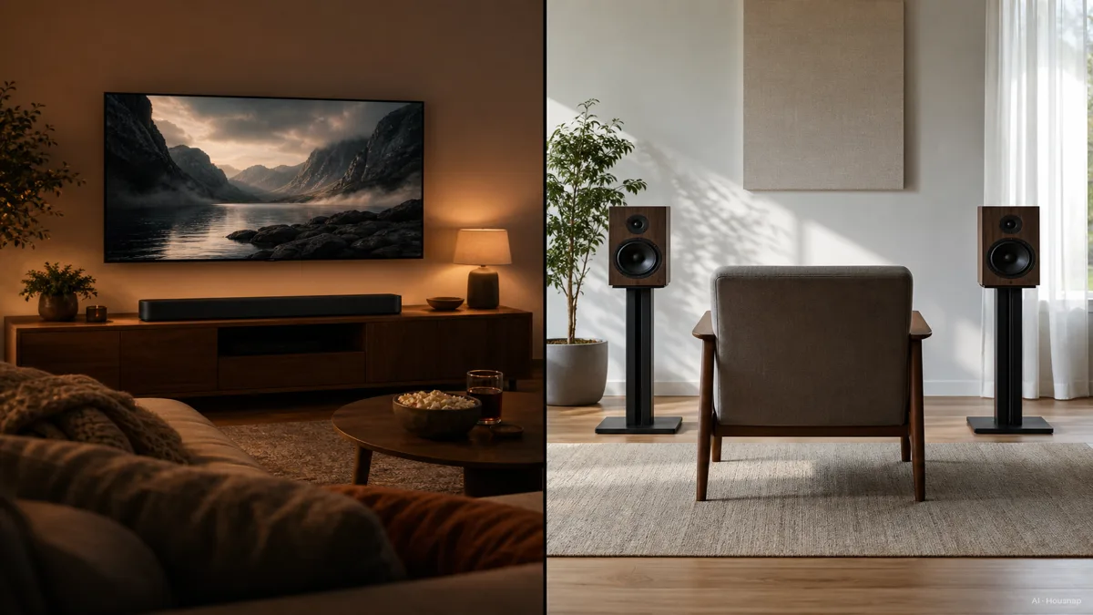 Image: a split scene, one side a cozy living room with a soundbar under a TV during a movie night, the other side a chair placed in the stereo sweet spot between two bookshelf speakers for focused listening — AI illustration
