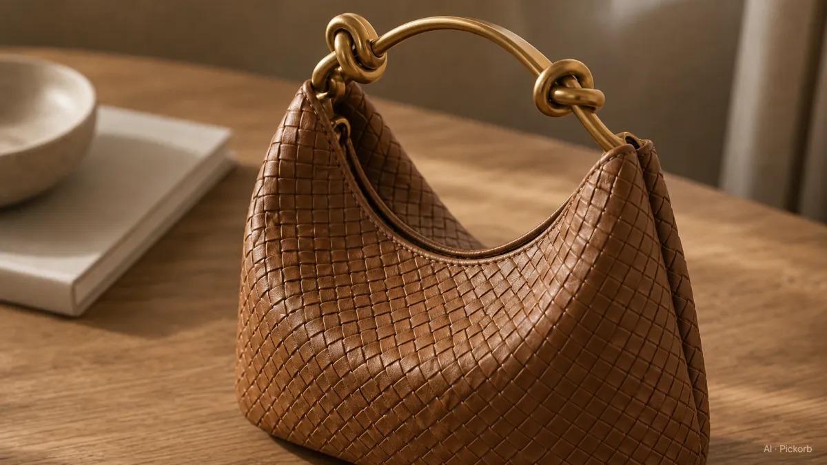 哑光橡木桌面上，Bottega Veneta 风格弧形手提包的特写，呈现细密 intrecciato 风格纸感小牛皮编织与结饰哑金手柄（AI 生成插图）