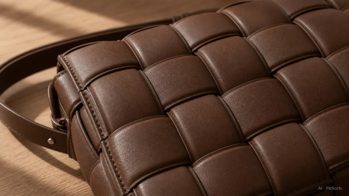 暖色自然光下的哑光橡木桌面上，Bottega Veneta 风格结构感肩背包的特写，呈现厚实填充感的棕色 intrecciato 风格编织皮革条（AI 生成插图）