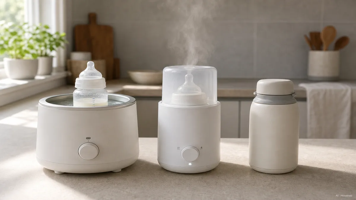 Image: three bottle warmer types arranged side by side on a kitchen counter, a water-bath model with a bottle visible in water, a compact steam warmer with light steam rising, and a small insulated portable flask warmer, soft morning light, no branding visible — AI illustration